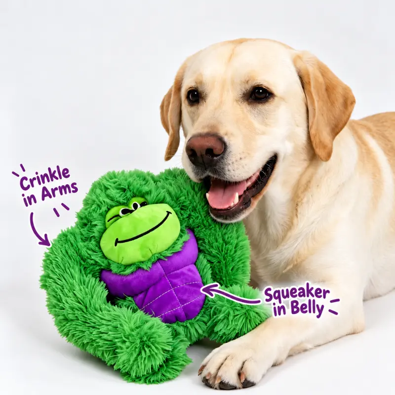 green-squeaky-plush-dog-toy-with-labrador Yellow Labrador lying beside a green squeaky plush dog toy, with arrows showing crinkle material in its arms and a squeaker inside its purple belly.