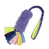 Lavender Purple chenille mop tug toy with thick purple fabric tufts, colorful fleece strips, and a purple elastic nylon loop handle.