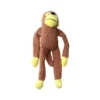 Brown long arm monkey plush dog toy with curly sherpa fleece, a yellow muzzle and paws, and long floppy arms and legs against a white background.