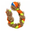 Long fleece faux fur dog tug toy with tennis ball, featuring a braided body, soft fur sections and a 63 cm design for fetch and tug interaction.