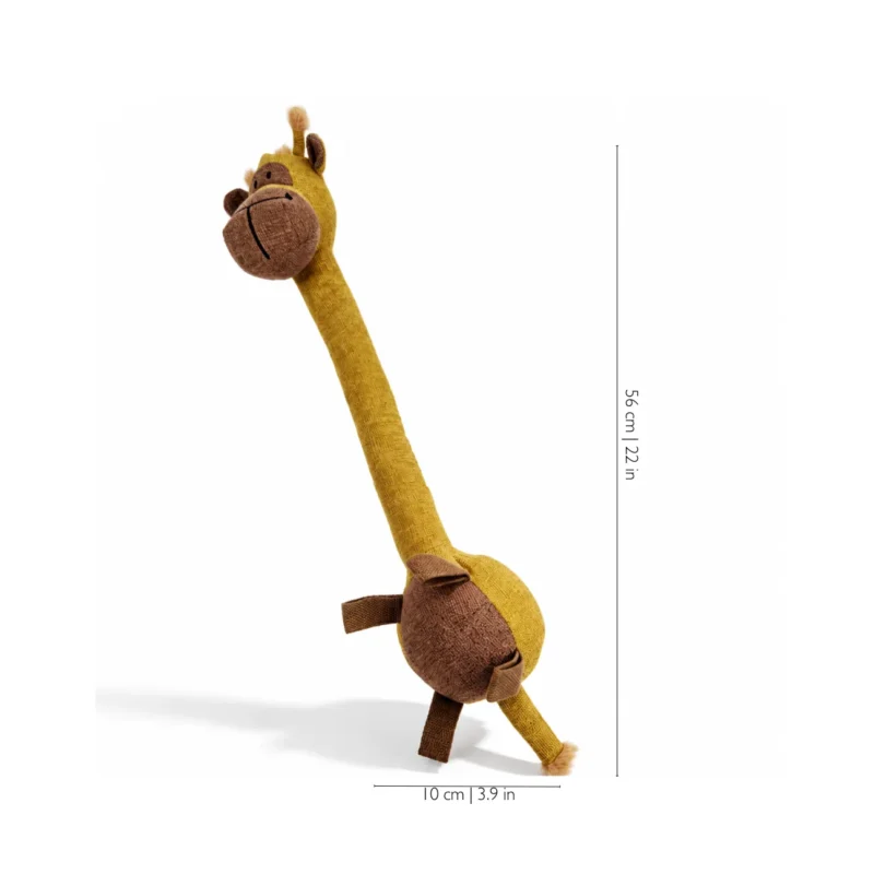 Size guide for the long neck dog toy, showing the giraffe plush at 56 cm tall and 10 cm wide at the body.