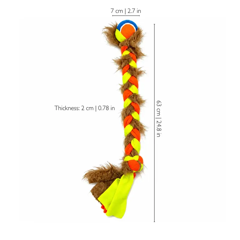 Orange long braided fleece dog tug toy with tennis ball, showing 63 cm length and 7 cm ball size for interactive tug and toss play.
