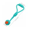 orange-turquoise-ball-and-rope-toy-size-guide Orange and turquoise ball and rope toy with measurement details showing the 32cm rope length, 6cm knot ball size, and loop handle design for tug games.