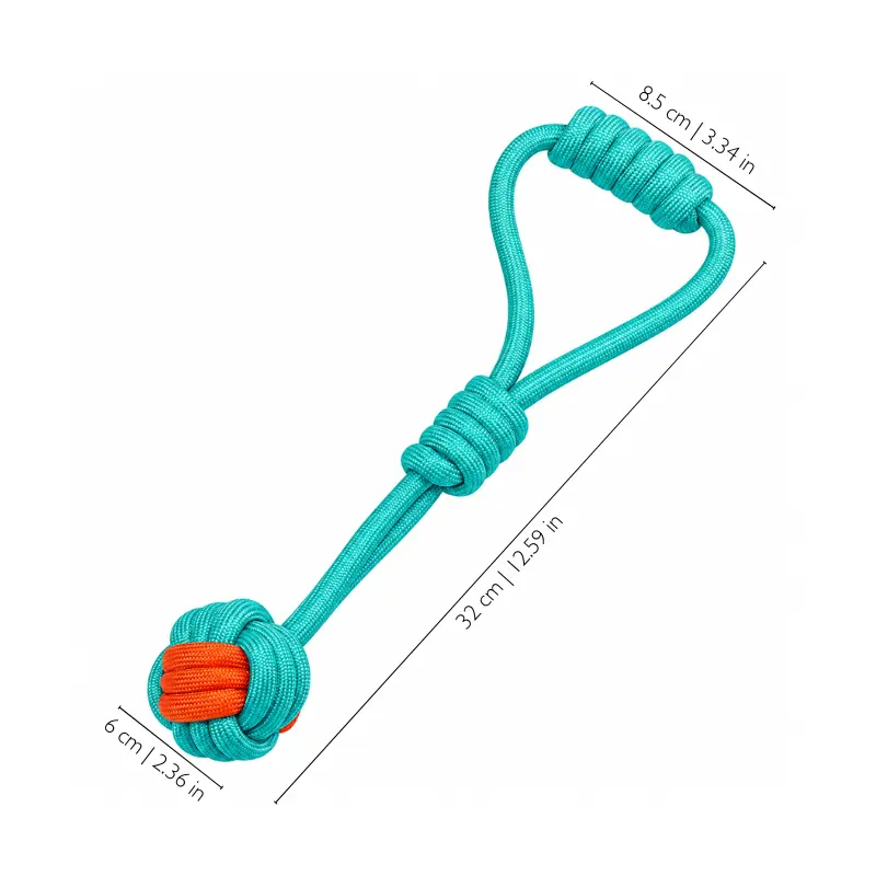 orange-turquoise-ball-and-rope-toy-size-guide Orange and turquoise ball and rope toy with measurement details showing the 32cm rope length, 6cm knot ball size, and loop handle design for tug games.