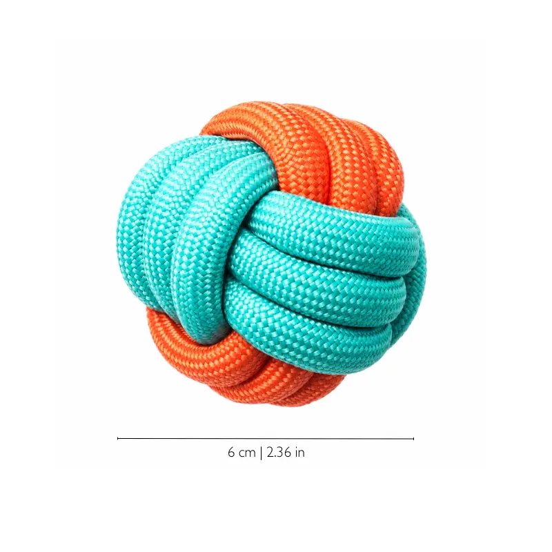 orange-turquoise-rope-knot-ball-dog-toy Orange and turquoise rope knot ball dog toy featuring a colorful braided design, creating an easy-to-grab shape for dogs who enjoy carrying and tugging.