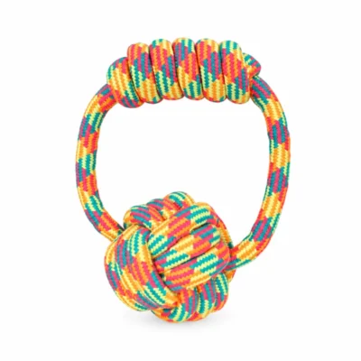 Rainbow rope ring dog toy with a wrapped hand grip and large chunky knot, made from thick woven rope for supervised tugging and carrying play.