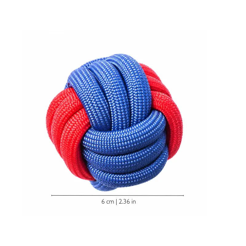 red-blue-rope-ball-dog-toy Red and blue rope ball dog toy with a woven knot ball design, offering a bright grabbing point for dogs who love carrying, shaking, and tug play.
