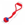 red-rope-ball-tug-toy-loop-handle-size Red tug ball for dogs with loop handle measurement, showing the owner grip area and rope knot ball designed for comfortable interactive pulling games.