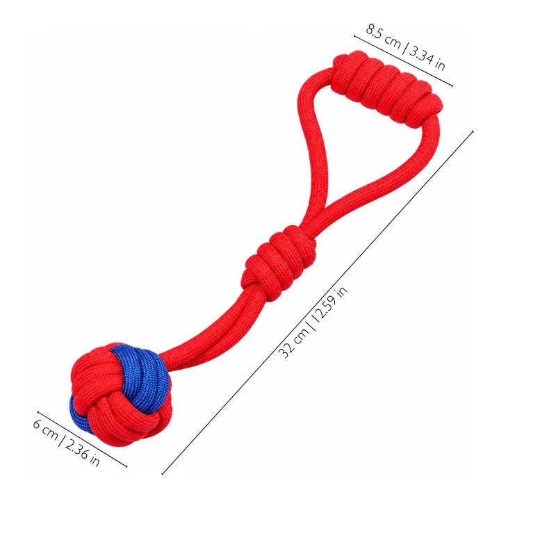 red-rope-ball-tug-toy-loop-handle-size Red tug ball for dogs with loop handle measurement, showing the owner grip area and rope knot ball designed for comfortable interactive pulling games.