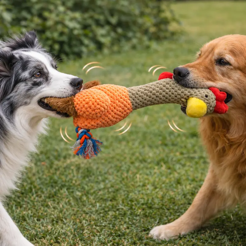 Two dogs play tug-of-war with a squawking chicken dog toy outdoors, each gripping opposite ends of its orange plush body and long neck.