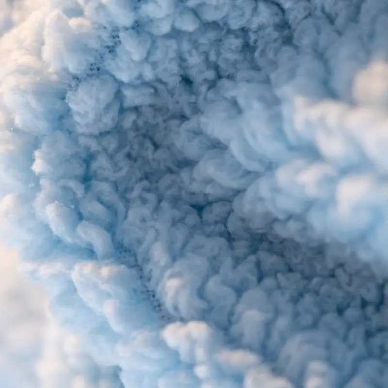 Close-up of the curly blue fabric on a cute dog plush, showing its raised, looped texture and fluffy surface.