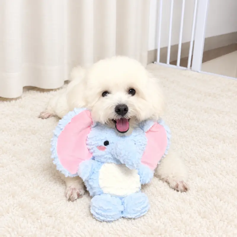 A small white dog lies on a cream rug with a sky-blue elephant plush, showing a real-life play moment with the Sunfluff stuffed animal dog toys.