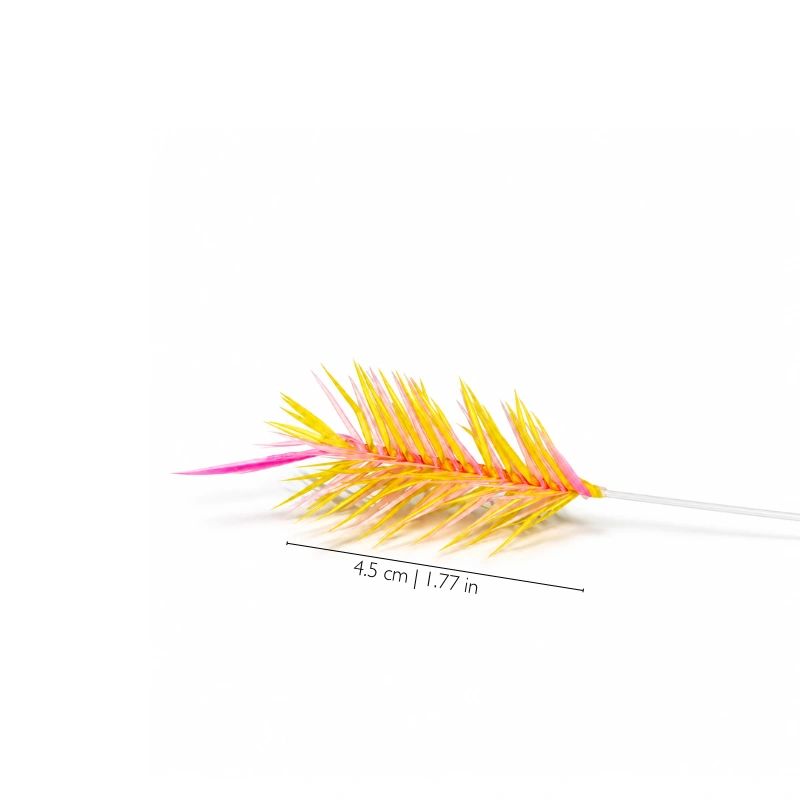 Yellow and pink wheat-shaped cat toy wand attachment with slender feather-like details, shown with a 4.5 cm size guide.