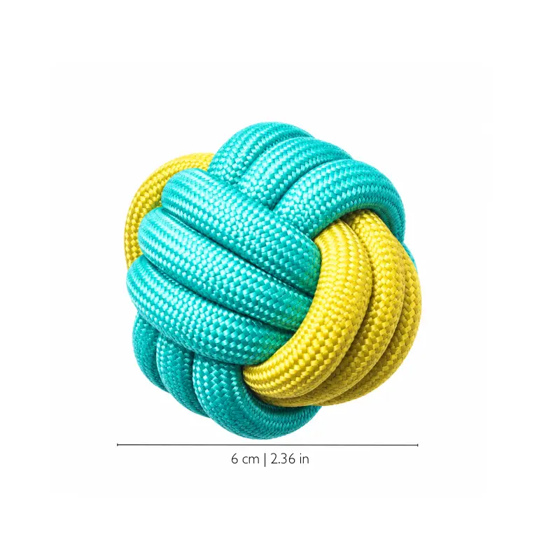 yellow-turquoise-rope-knot-ball-dog-toy Yellow and turquoise rope knot ball dog toy with colorful braided ropes, designed as an interactive tug toy for dogs who enjoy grabbing and carrying toys.